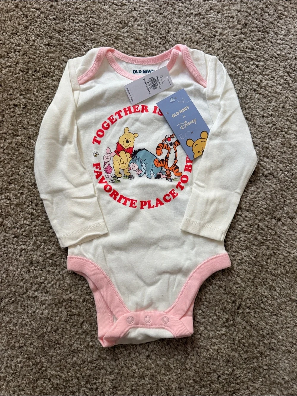 Old Navy Cream & Pink Winnie the Pooh Long-Sleeve Baby One-Piece